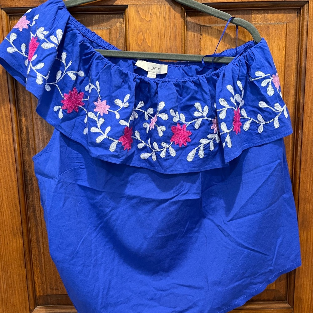LOFT Royal Blue Off-Shoulder Top with Pink Floral Embroidery